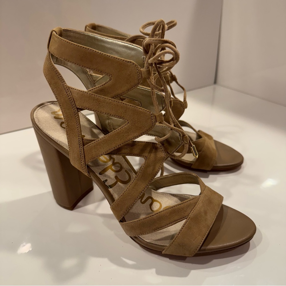 Sam Edelman Yardley Camel Suede Lace-Up Block Heel Sandle